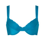 Front view of the KIKKA bikini top in Peacock, a deep teal tone with architectural lines.