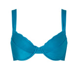 Front view of the KIKKA bikini top in Peacock, a deep teal tone with architectural lines.