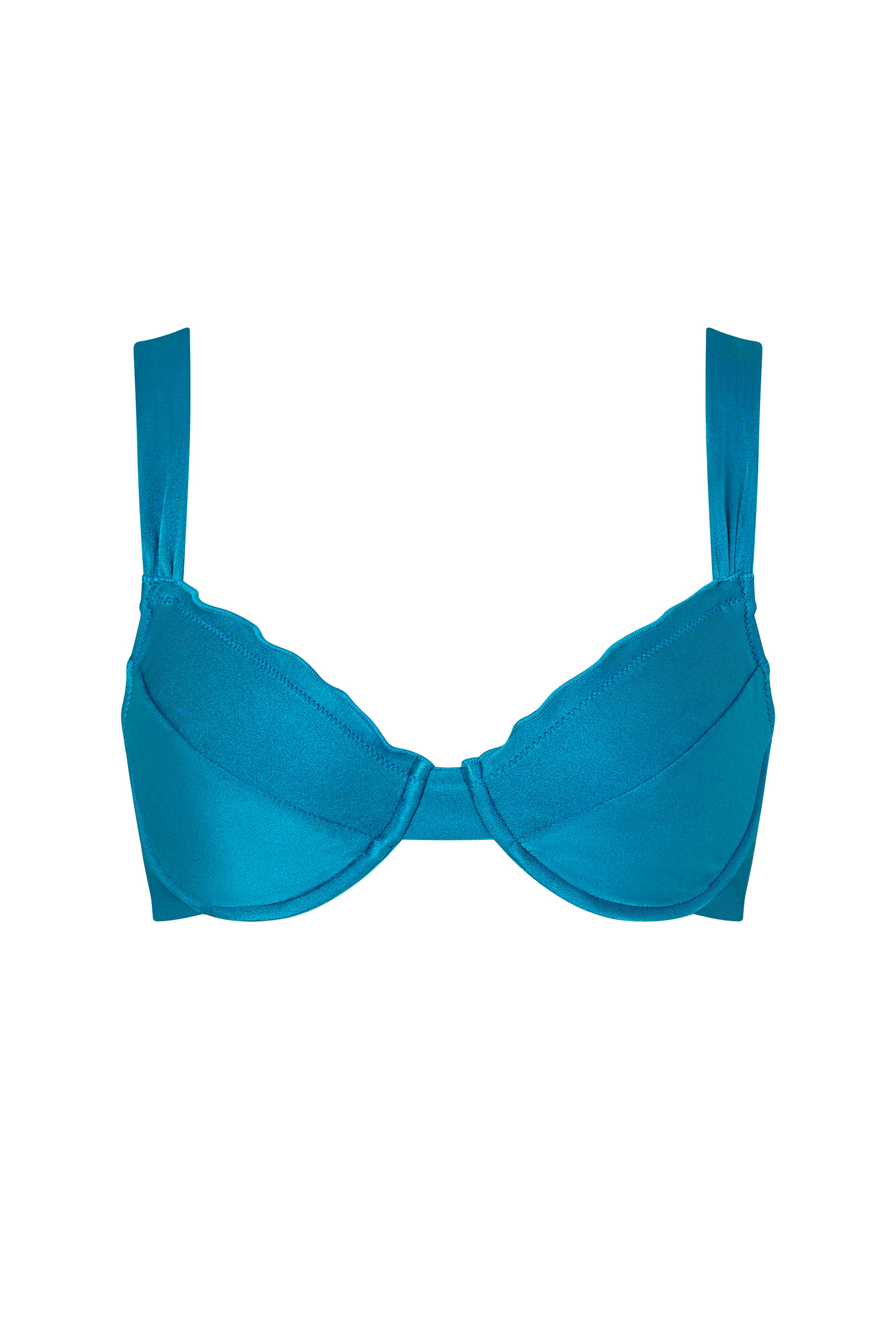 Front view of the KIKKA bikini top in Peacock, a deep teal tone with architectural lines.