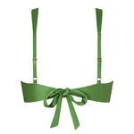 Back view of the KIKKA bikini top in shiny green, with adjustable shoulder straps and a soft self-tie closure.