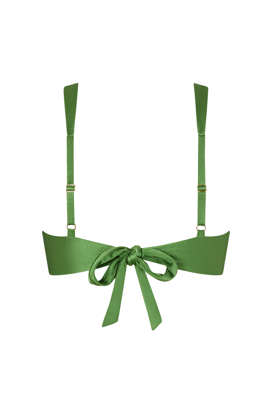Back view of the KIKKA bikini top in shiny green, with adjustable shoulder straps and a soft self-tie closure.
