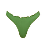 Front view of the VALERIA bikini bottom in Green, with soft ruffles and clean seams.