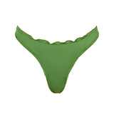 Front view of the VALERIA bikini bottom in Green, with soft ruffles and clean seams.