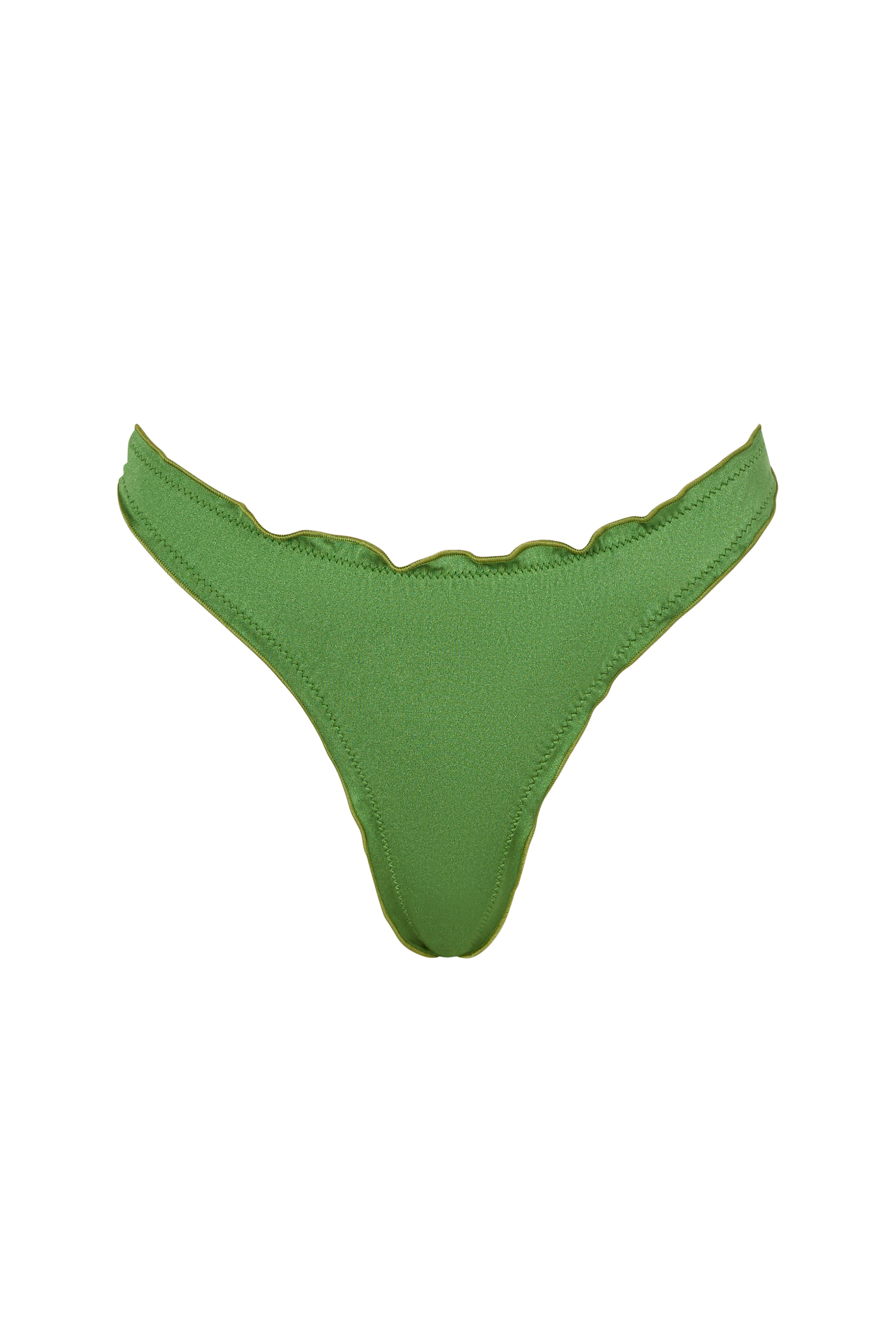 Front view of the VALERIA bikini bottom in Green, with soft ruffles and clean seams.