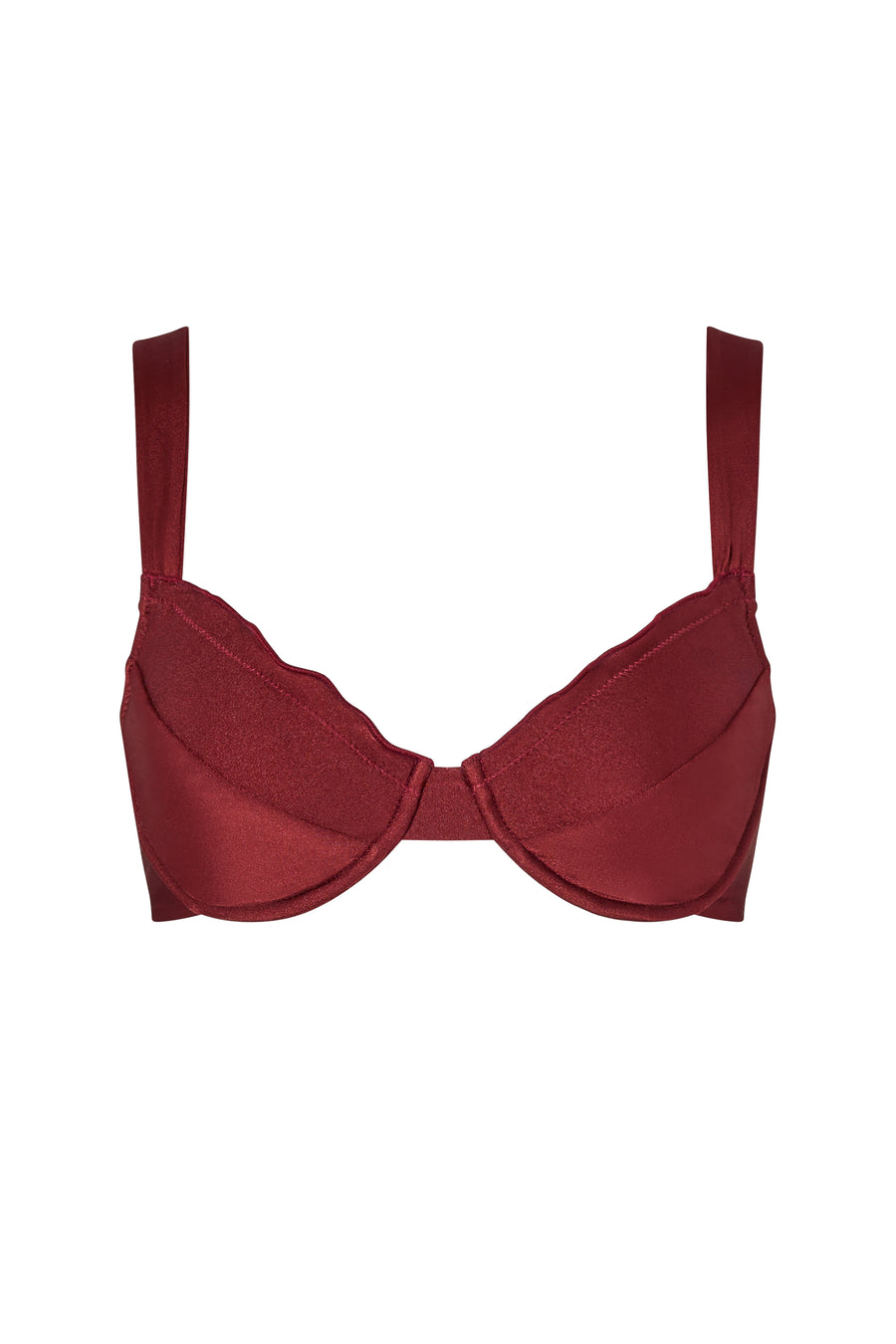 Front view of the KIKKA bikini top in Mosto, showcasing a minimalist shape with a deep burgundy tone.