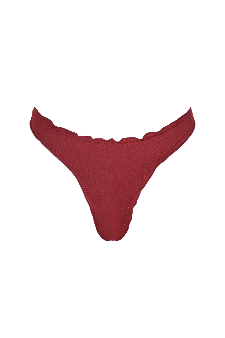 Front view of the VALERIA bikini bottom in Marron with frilled trim and low-rise fit.