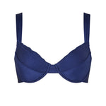 Front view of the KIKKA bikini top in Dark Night, featuring a sculptural design and clean neckline.