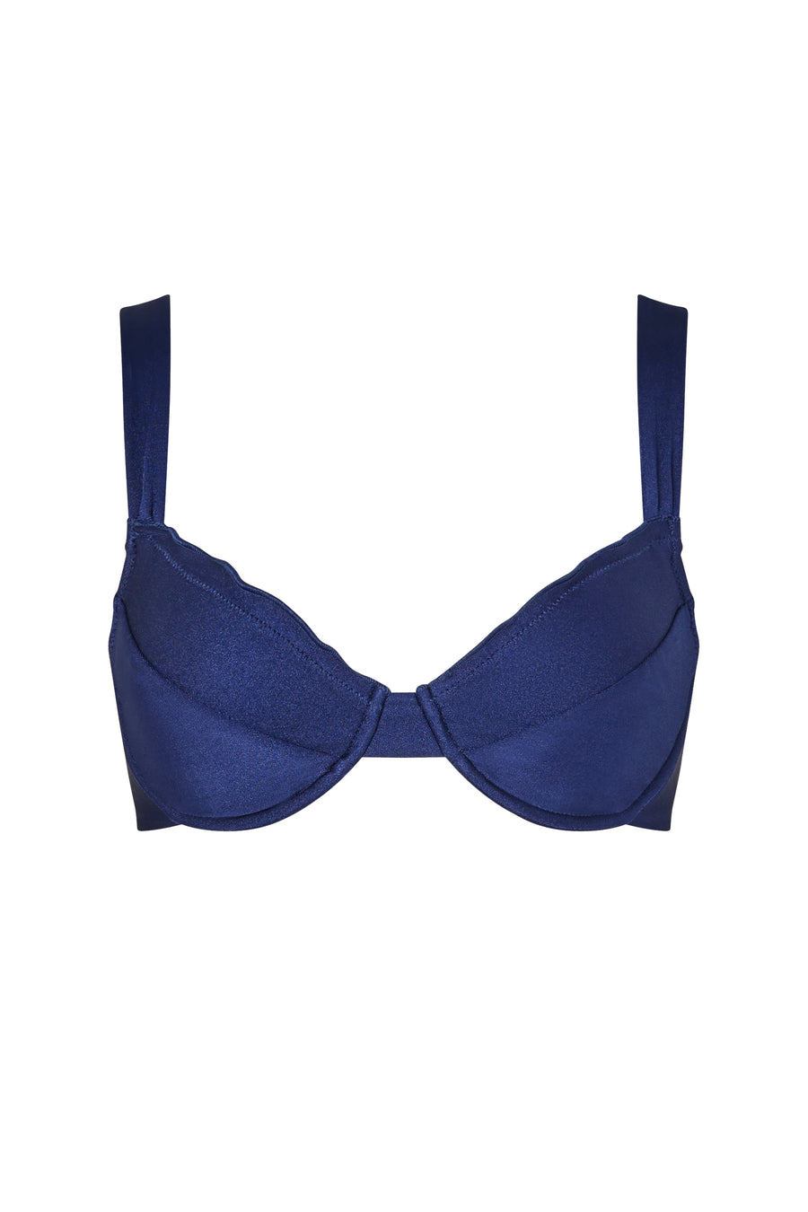 Front view of the KIKKA bikini top in Dark Night, featuring a sculptural design and clean neckline.