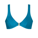 Deep teal ERY bikini top with sleek shape and gold hardware, worn by model – premium Italian swimwear