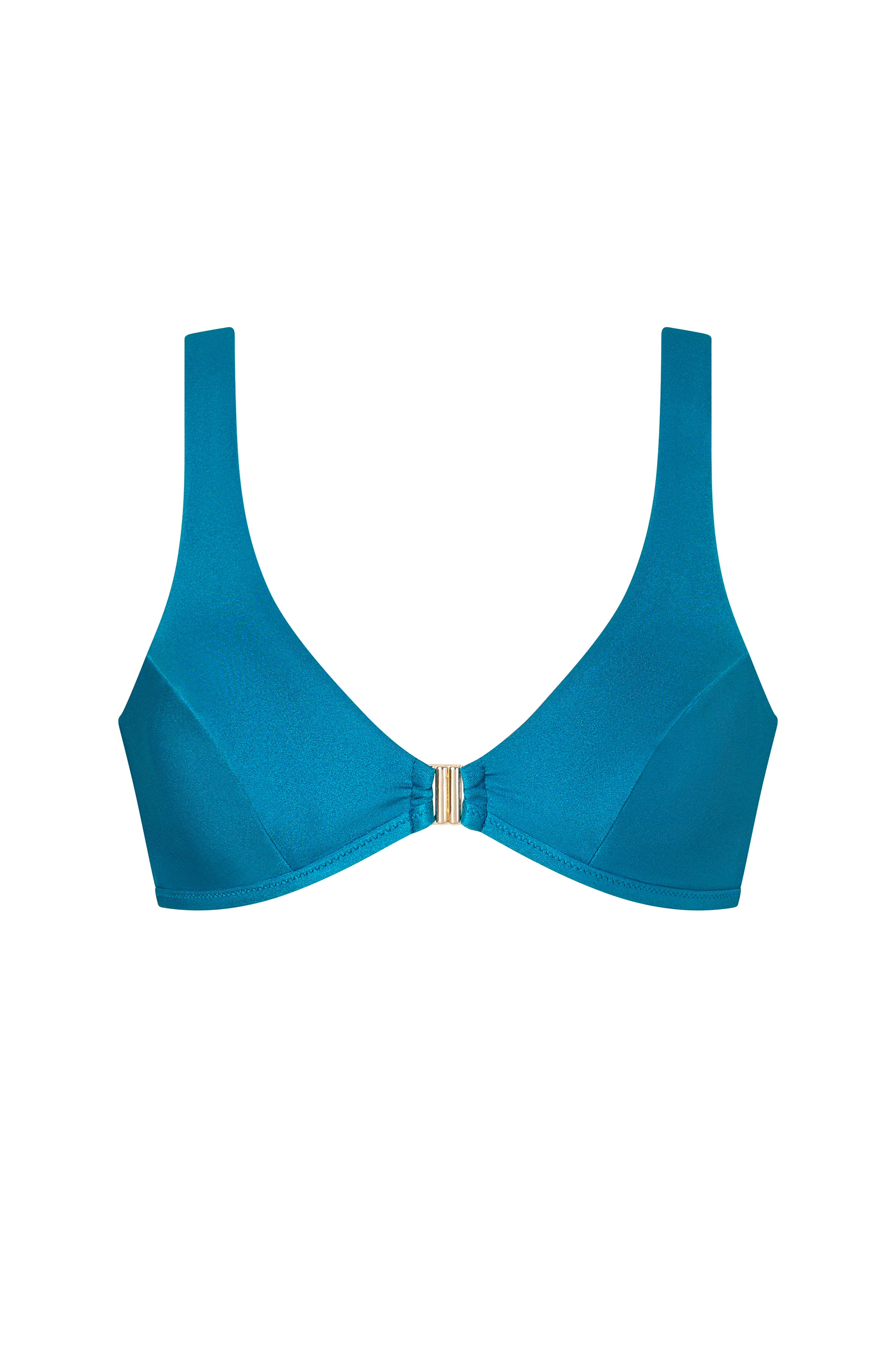 Deep teal ERY bikini top with sleek shape and gold hardware, worn by model – premium Italian swimwear