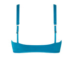 Back shot of ERY top in peacock green-blue shade, with adjustable straps and soft, matte texture