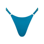 ROSY string bikini bottom in Peacock blue with side ties and gold hardware.