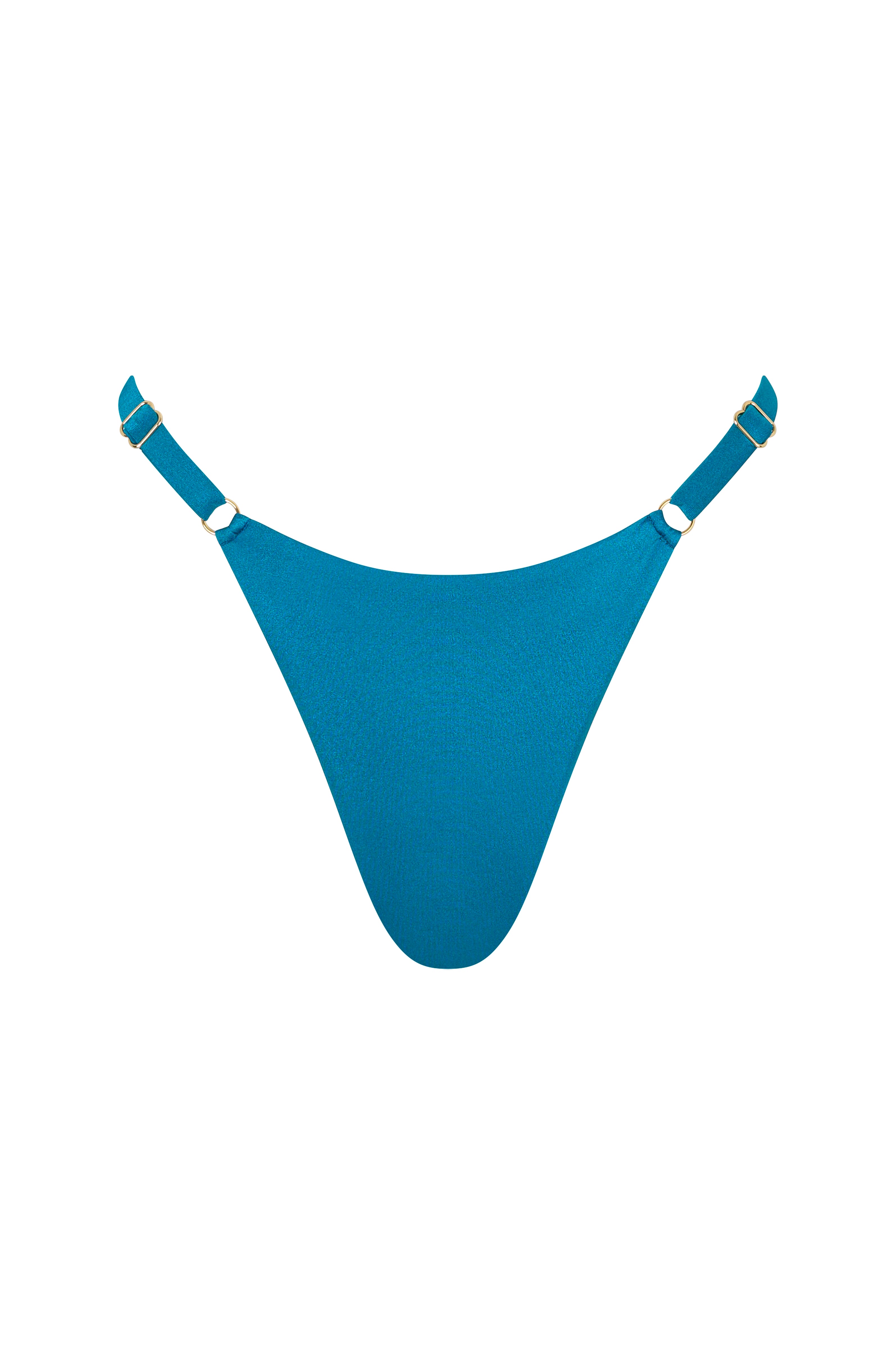 ROSY string bikini bottom in Peacock blue with side ties and gold hardware.