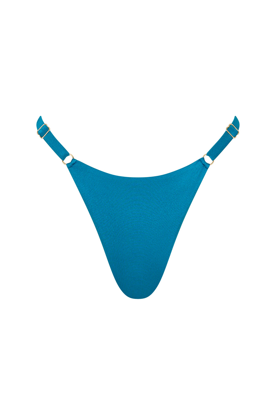 ROSY string bikini bottom in Peacock blue with side ties and gold hardware.