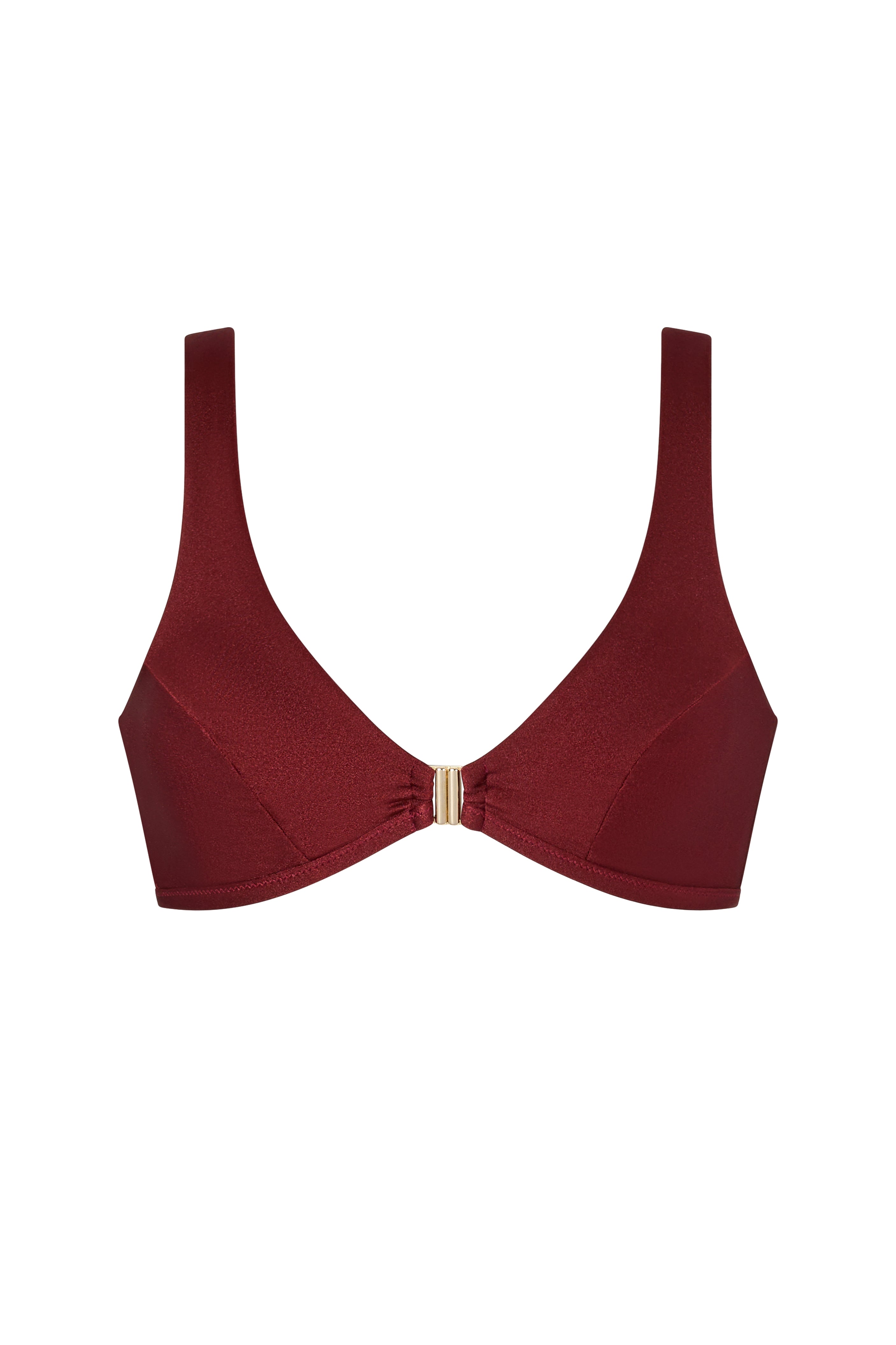 Woman wearing the ERY brown bikini top with gold clasp, minimal and sport-chic cut – handcrafted in Italy