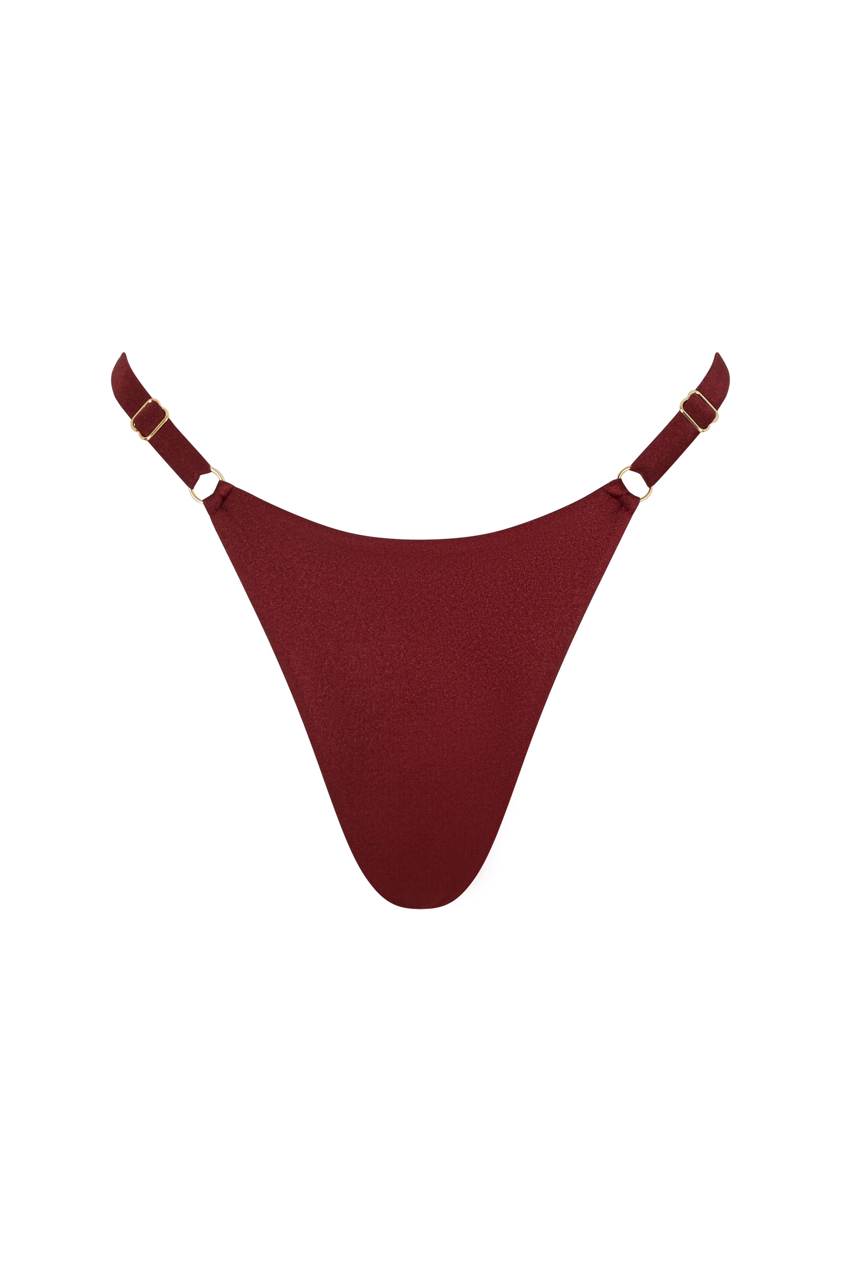 ROSY string bikini bottom in Marron with gold details and adjustable sides.