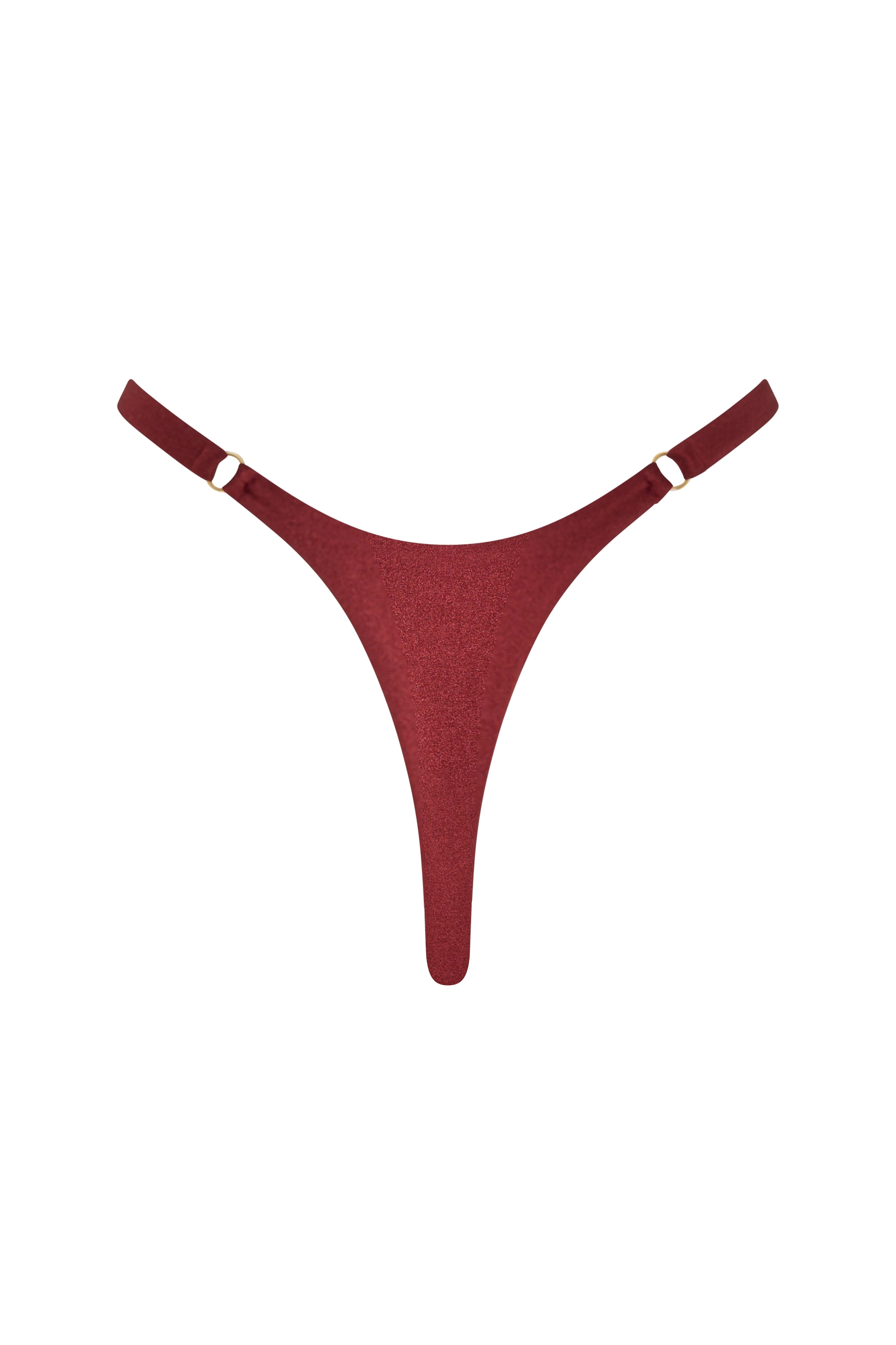 Rear view of ROSY bottom in Marron, Brazilian cut with elegant gold hardware.