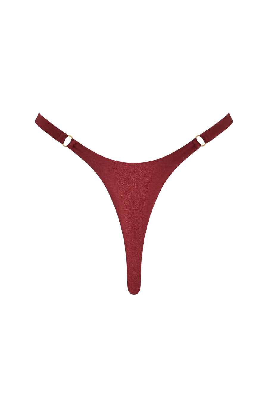Rear view of ROSY bottom in Marron, Brazilian cut with elegant gold hardware.