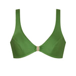 Model wearing the ERY bikini top in earthy green, unpadded with sporty neckline – luxury Italian swim
