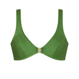 Model wearing the ERY bikini top in earthy green, unpadded with sporty neckline – luxury Italian swim