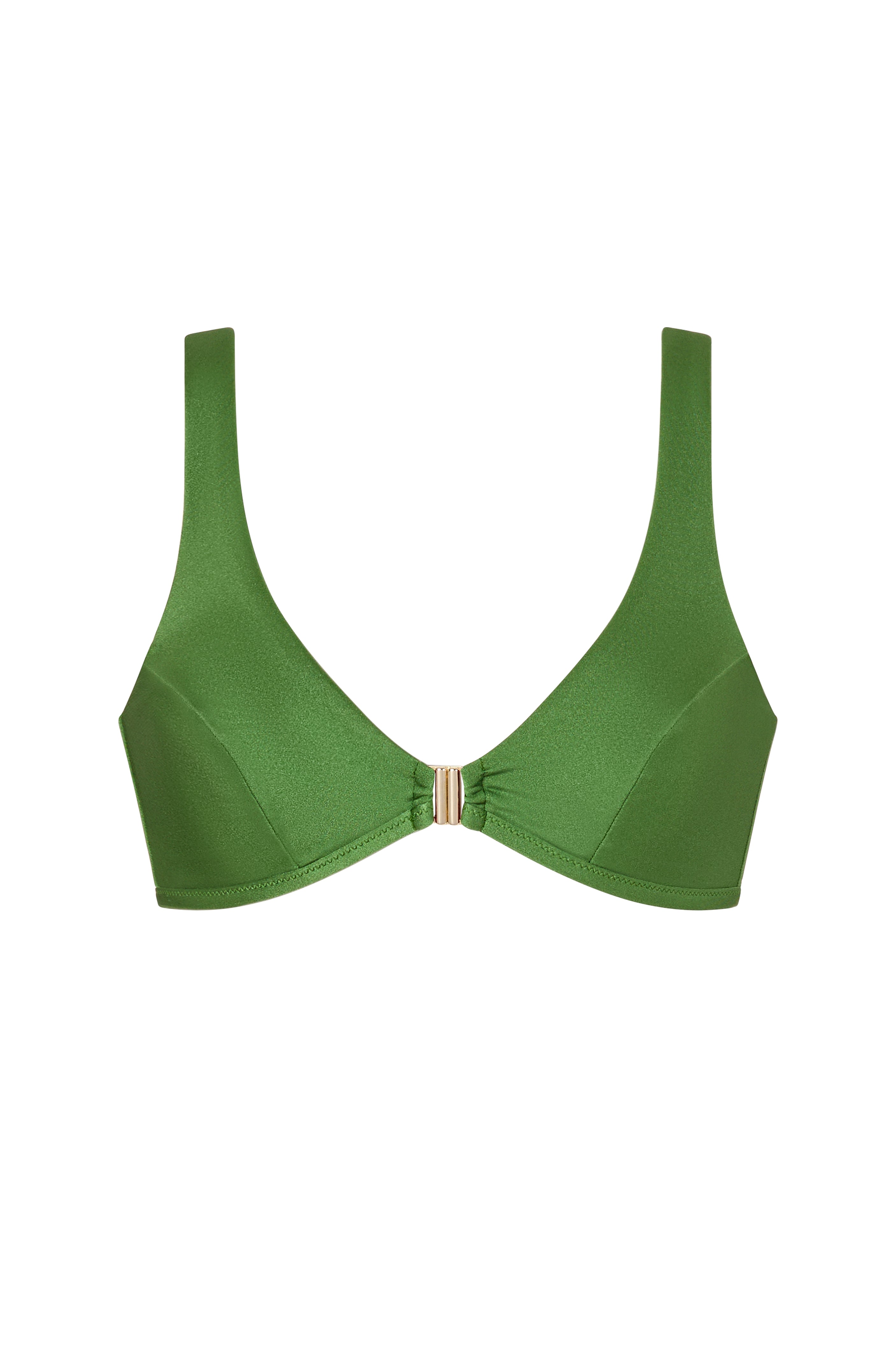 Model wearing the ERY bikini top in earthy green, unpadded with sporty neckline – luxury Italian swim