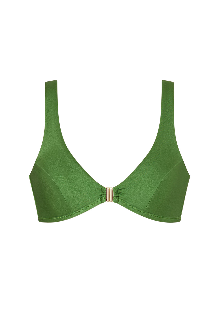 Model wearing the ERY bikini top in earthy green, unpadded with sporty neckline – luxury Italian swim