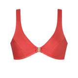 Vibrant orange ERY bikini top styled with clean lines and golden clasp – summer-ready and Italian-made