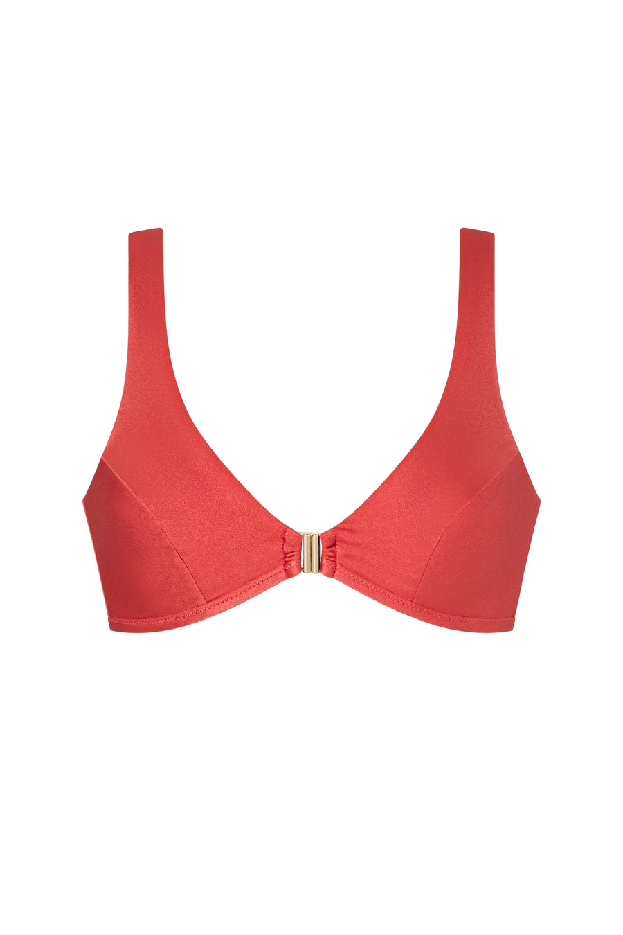 Vibrant orange ERY bikini top styled with clean lines and golden clasp – summer-ready and Italian-made
