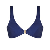 Elegant navy bikini top ERY with front clasp and sporty silhouette, made in Italy from Carvico fabric