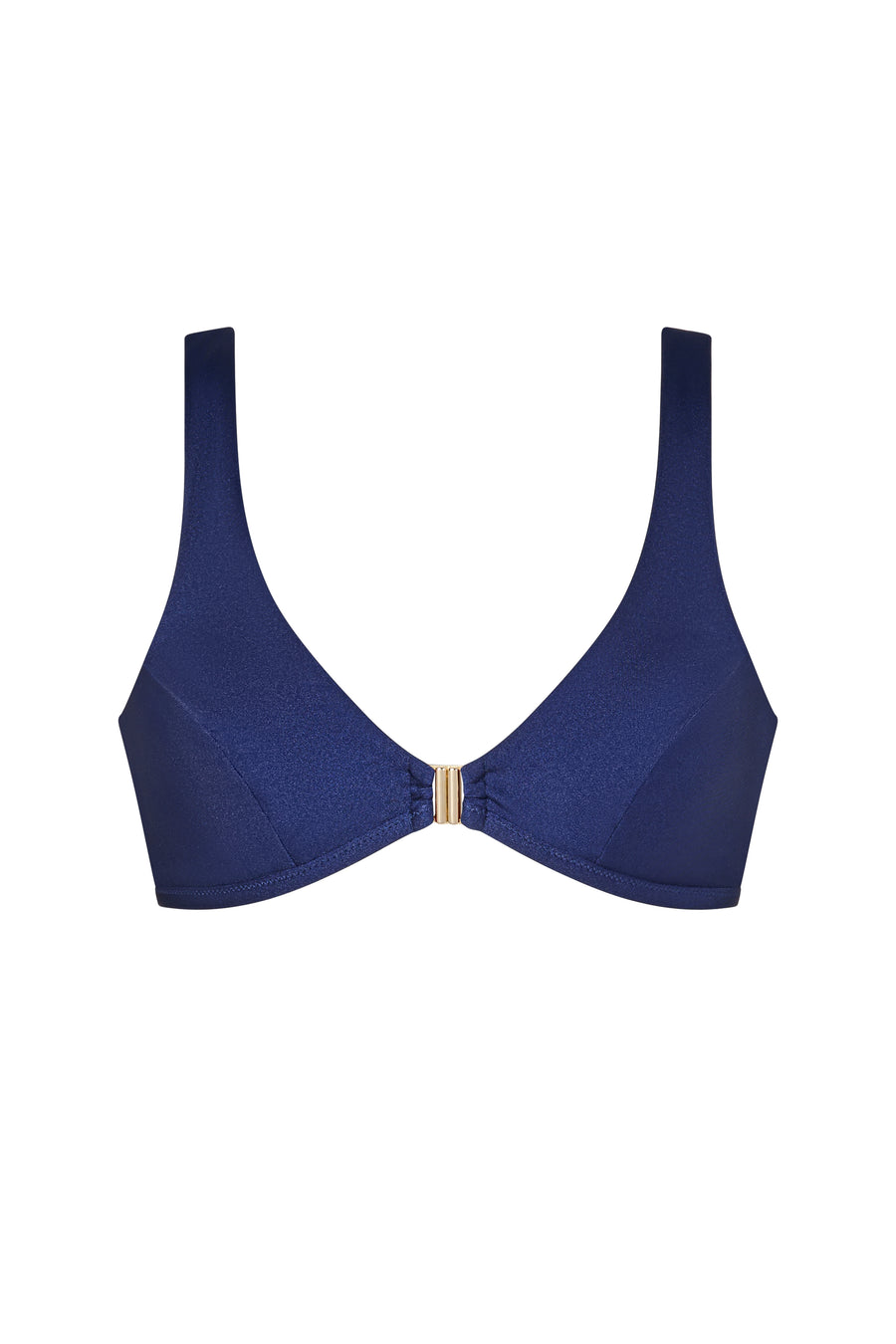 Elegant navy bikini top ERY with front clasp and sporty silhouette, made in Italy from Carvico fabric