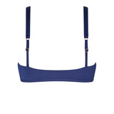 Rear view of the ERY bikini top in dark blue, adjustable straps and luxury finish
