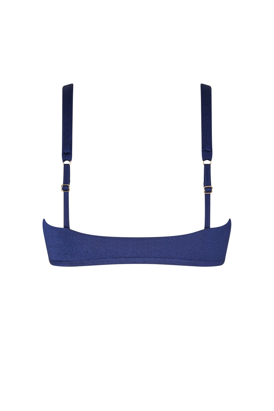 Rear view of the ERY bikini top in dark blue, adjustable straps and luxury finish