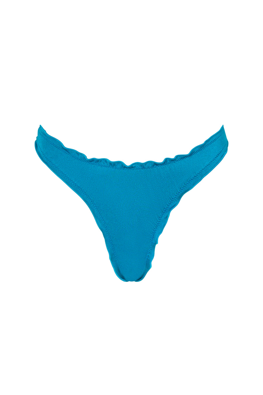 Front view of the VALERIA bottom in Peacock, featuring retro ruffles and a sleek fit.
