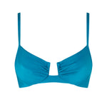 Front view of the VALERIA balconette bikini top in Peacock with ruched cups and elegant straps.