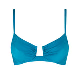 Front view of the VALERIA balconette bikini top in Peacock with ruched cups and elegant straps.