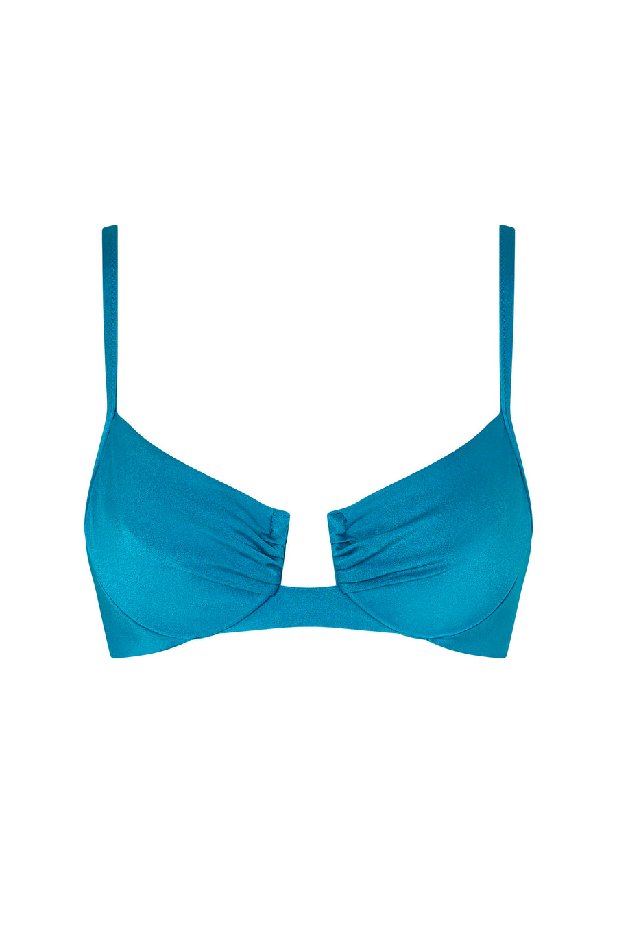 Front view of the VALERIA balconette bikini top in Peacock with ruched cups and elegant straps.