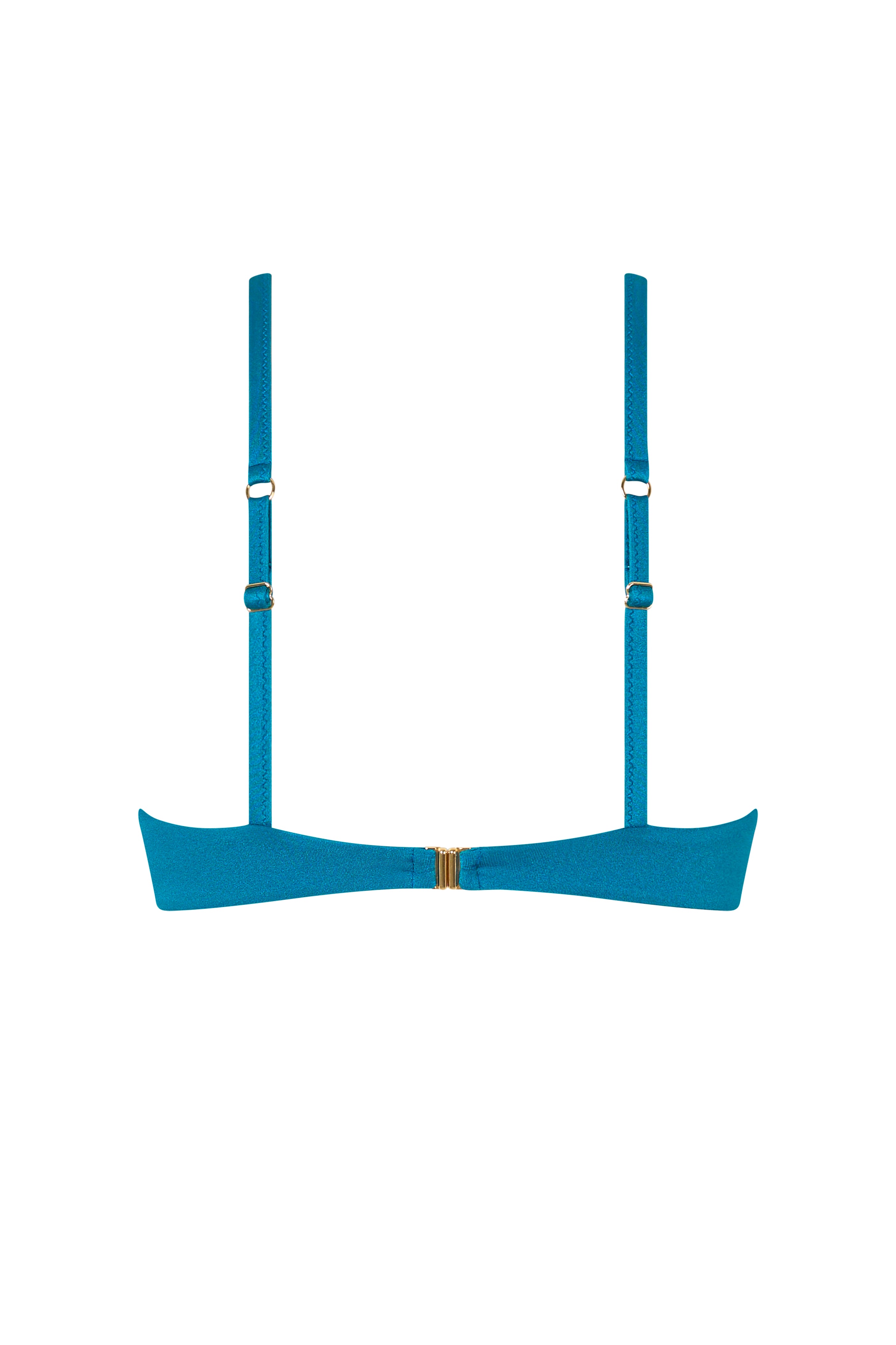 Back view of the VALERIA top in Peacock, featuring a gold clasp and supportive fit.