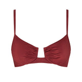 Front view of the VALERIA balconette bikini top in Marron, featuring ruched shaping and gold strap details.