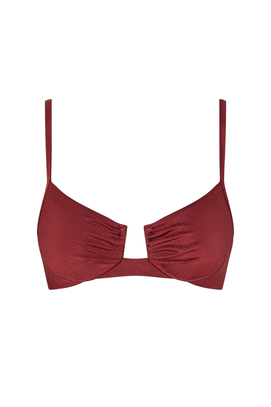 Front view of the VALERIA balconette bikini top in Marron, featuring ruched shaping and gold strap details.