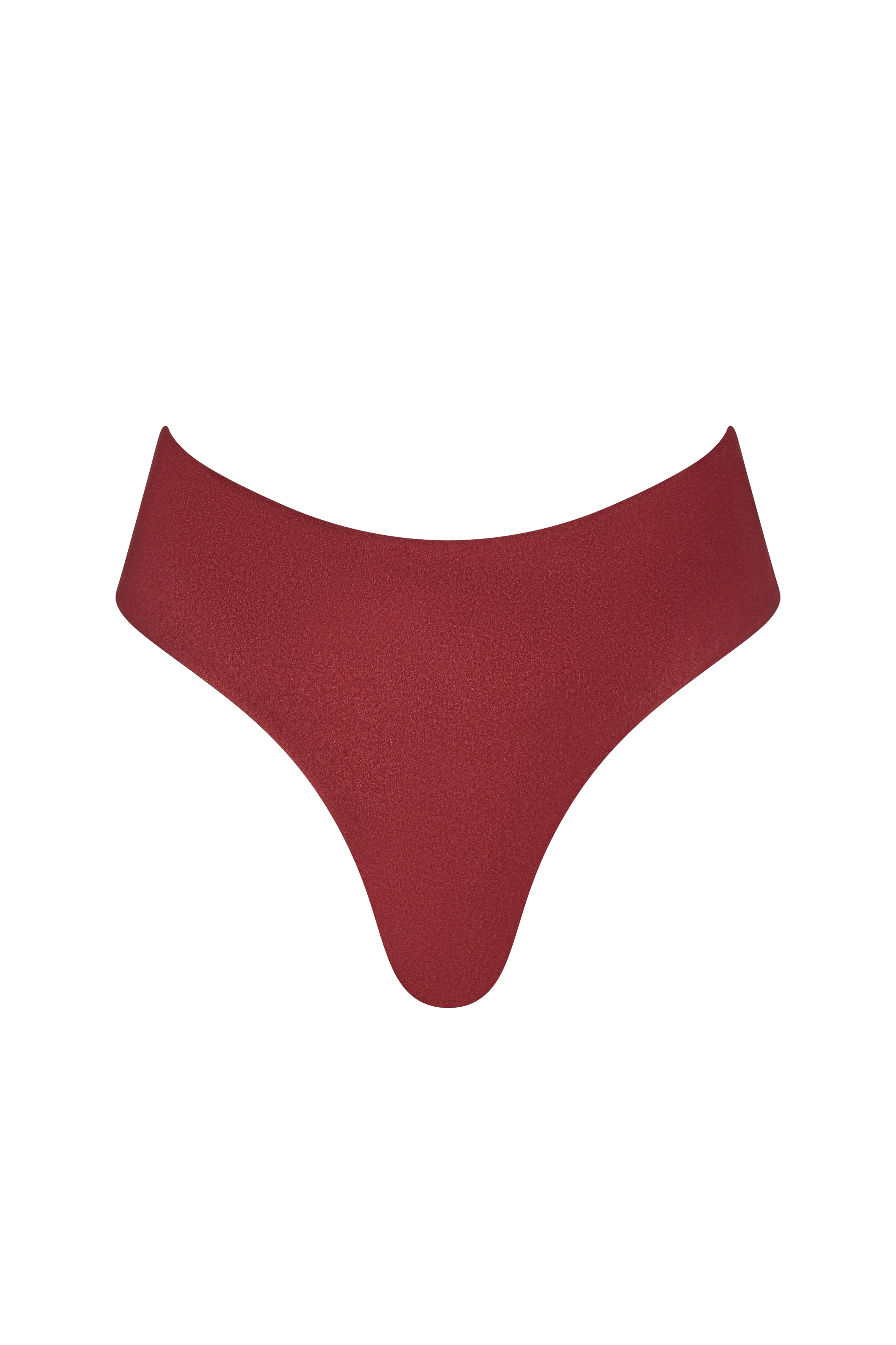 Front view of the KIKKA bikini bottom in deep berry Mosto, low-rise with gold-accented side ties.