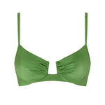 Front view of the VALERIA balconette bikini top in Green with ruched cups and gold accents.