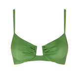 Front view of the VALERIA balconette bikini top in Green with ruched cups and gold accents.