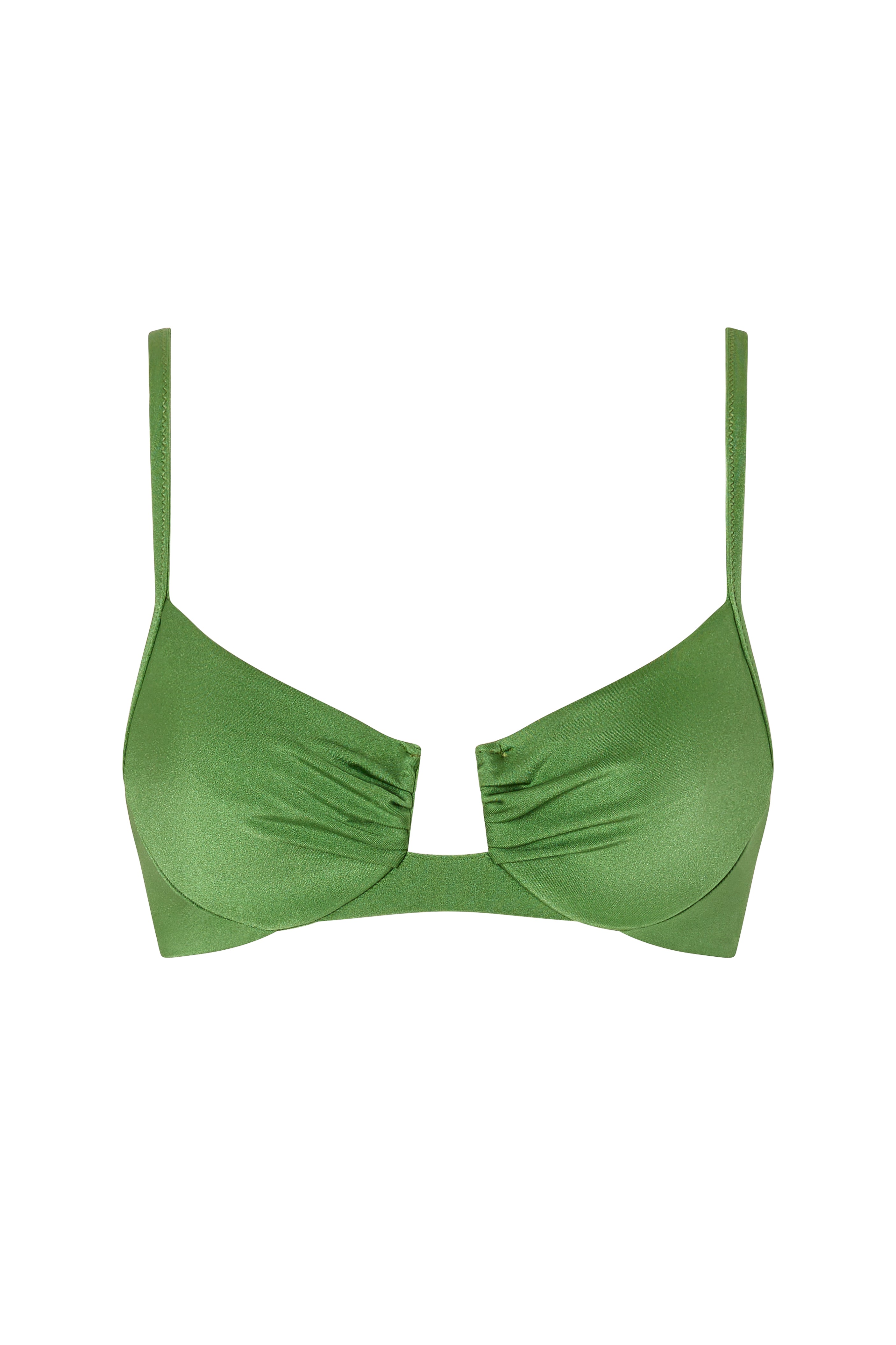 Front view of the VALERIA balconette bikini top in Green with ruched cups and gold accents.