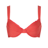 Front view of the KIKKA bikini top in Orange Soda, a vibrant orange hue with clean-cut lines.