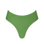 Front view of the KIKKA bikini bottom in shiny green, low-rise with adjustable string ties and golden accents.