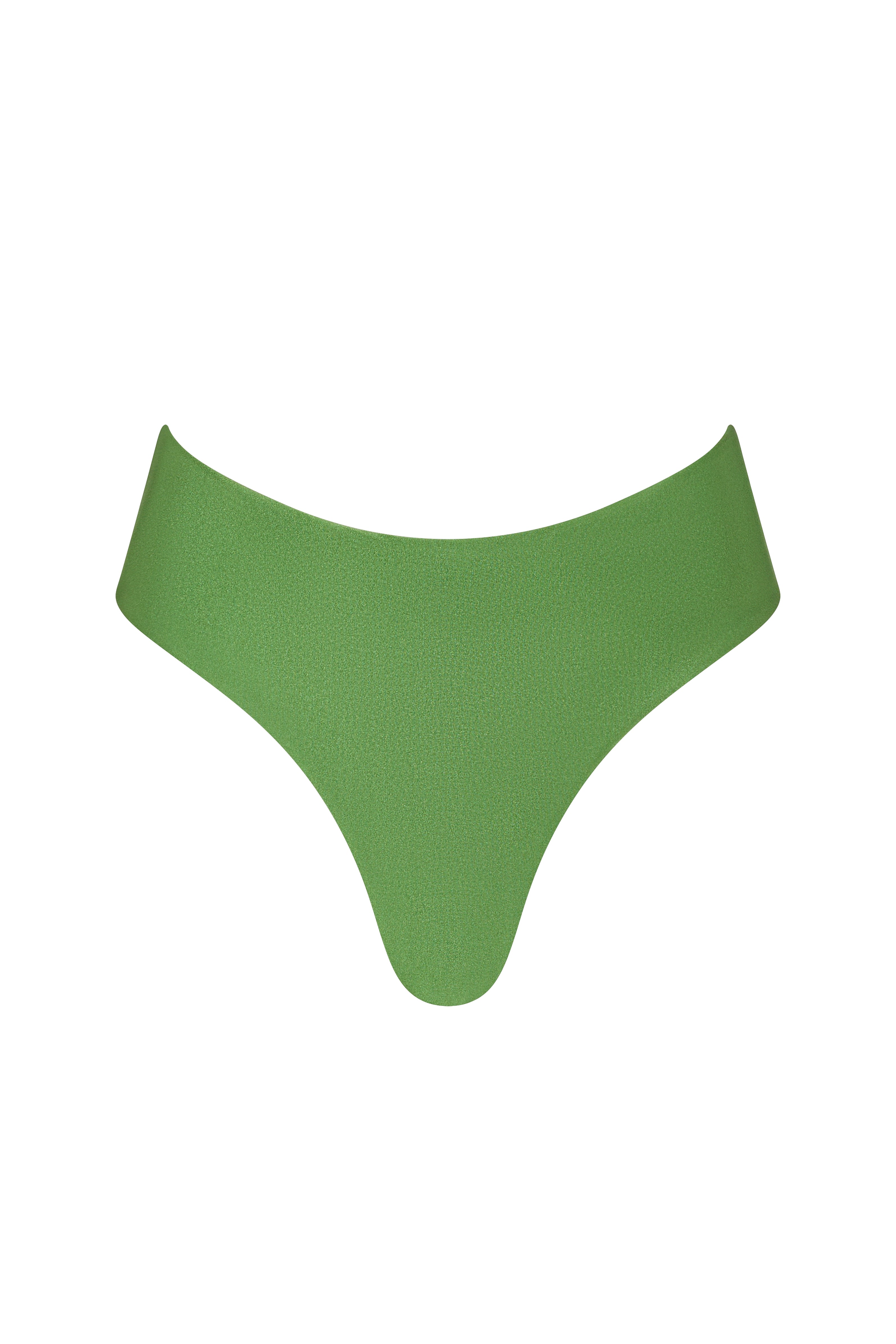 Front view of the KIKKA bikini bottom in shiny green, low-rise with adjustable string ties and golden accents.