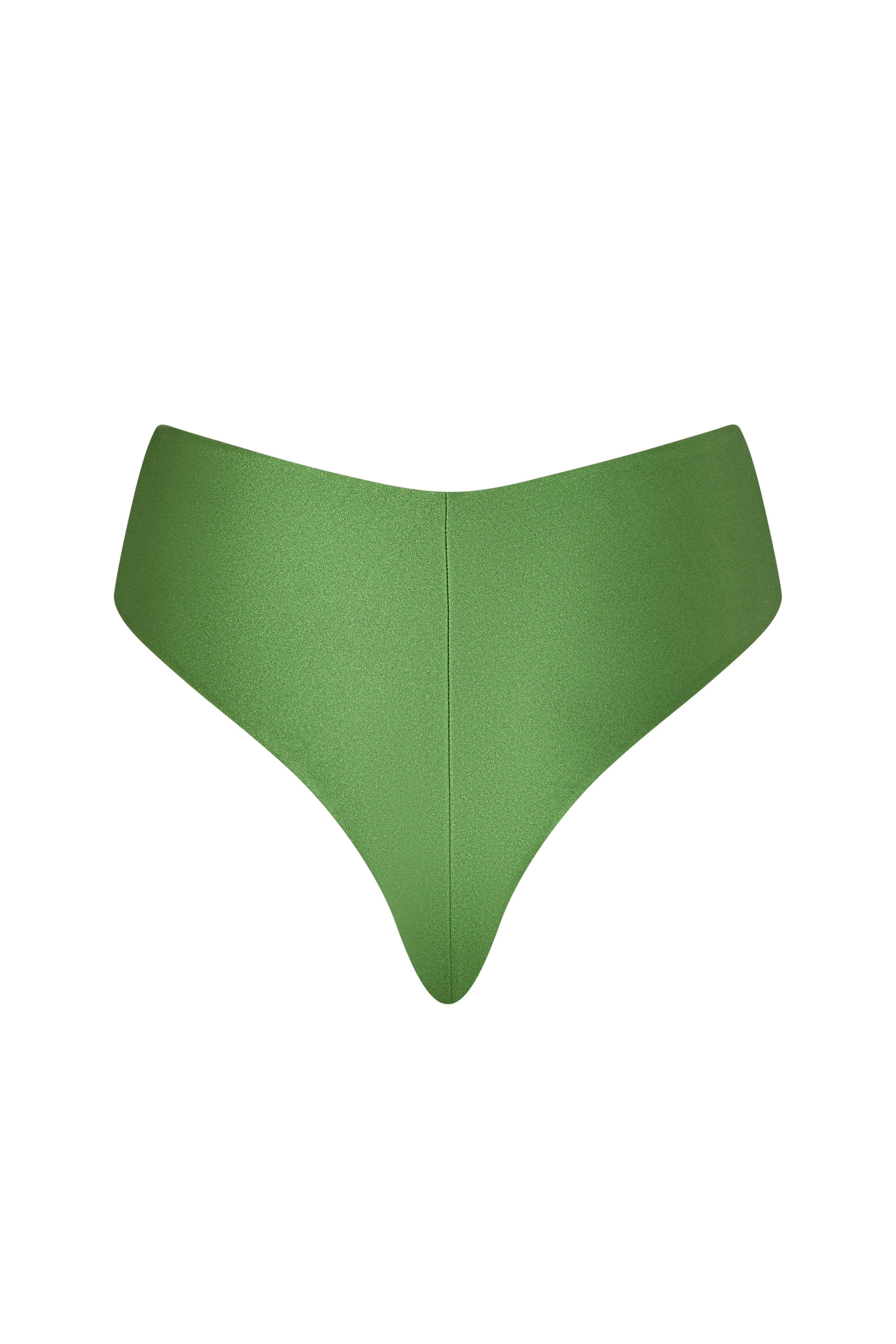  Back view of the KIKKA bikini bottom in shiny green, with a flattering cut and adjustable side ties.