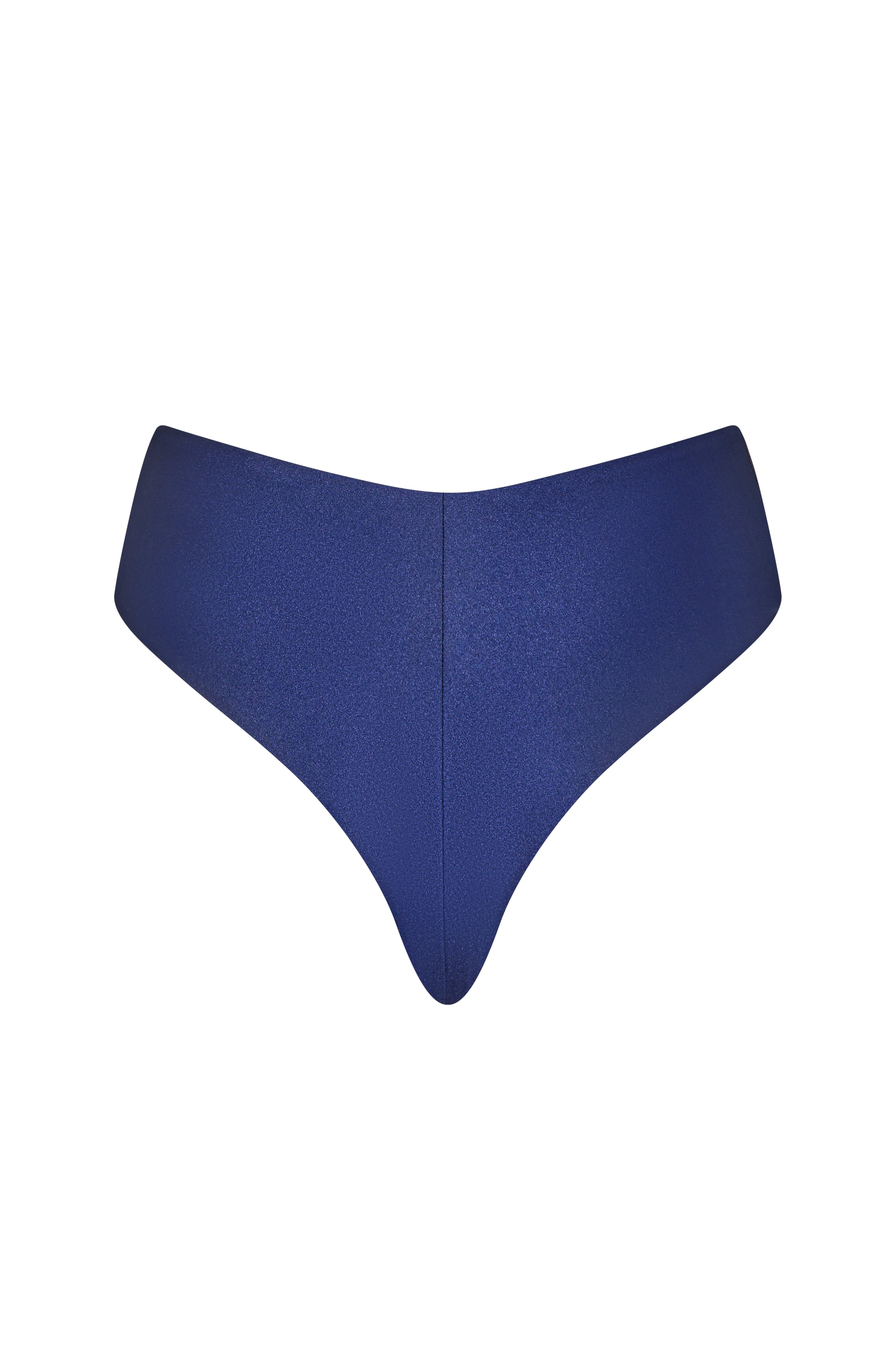 Back view of the KIKKA bikini bottom in Dark Night, seamless Brazilian cut with tie sides and a flattering curve.