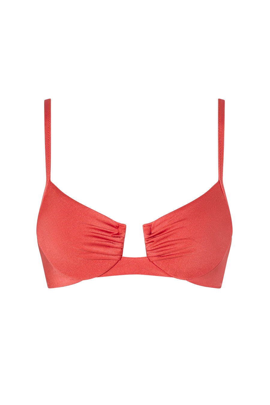 Front view of the VALERIA top in Orange Soda with gathered cups and luxe detailing.