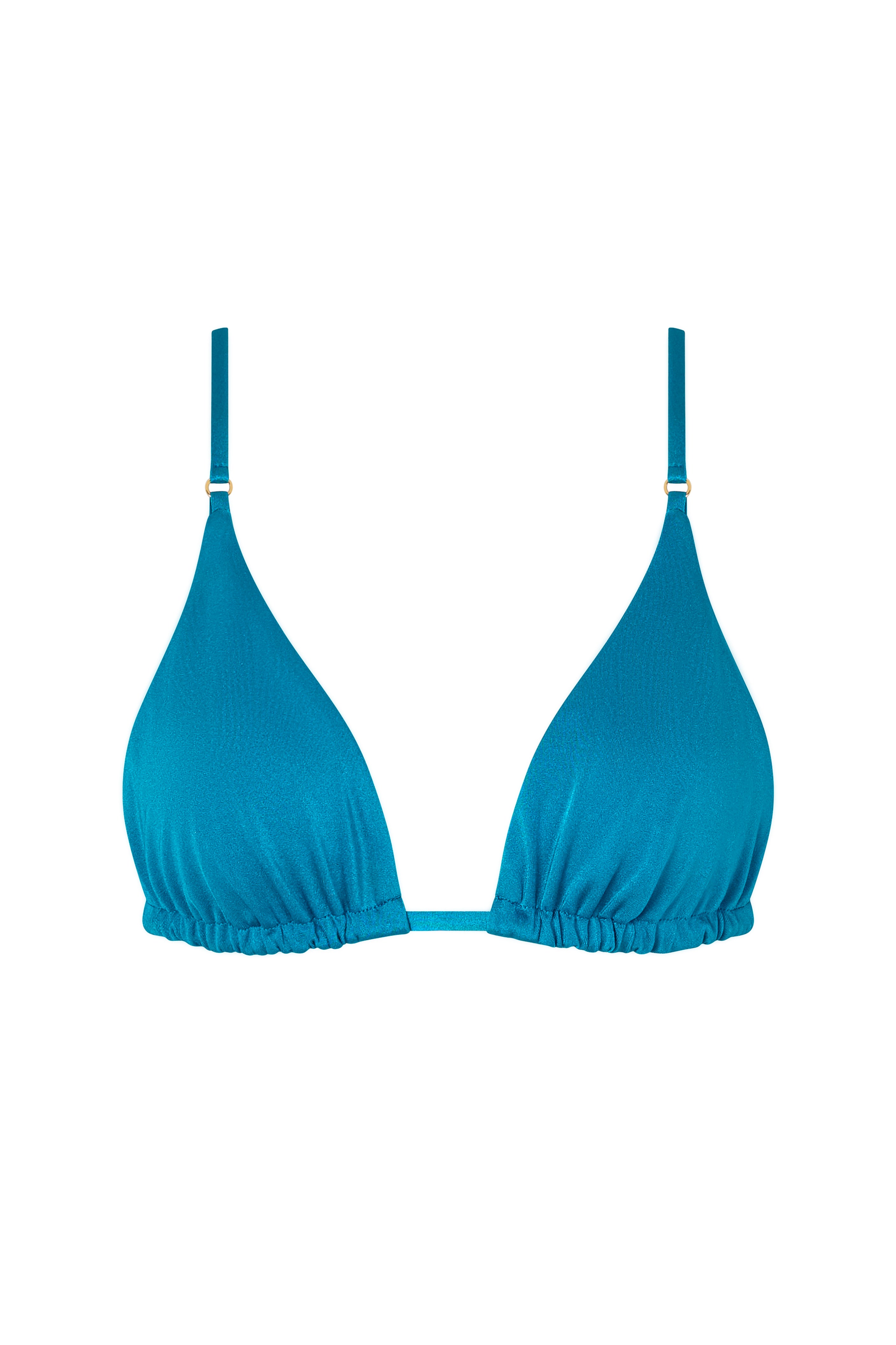 ROSY triangle bikini top in Peacock with gold hardware, offering a vibrant, flattering fit.
